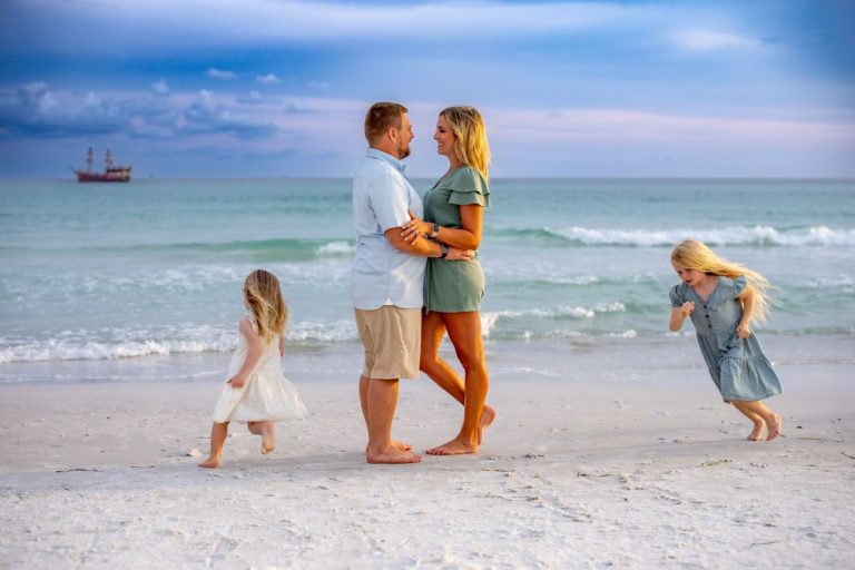 Series of candid beach moments showing family interaction on sandy shoreline